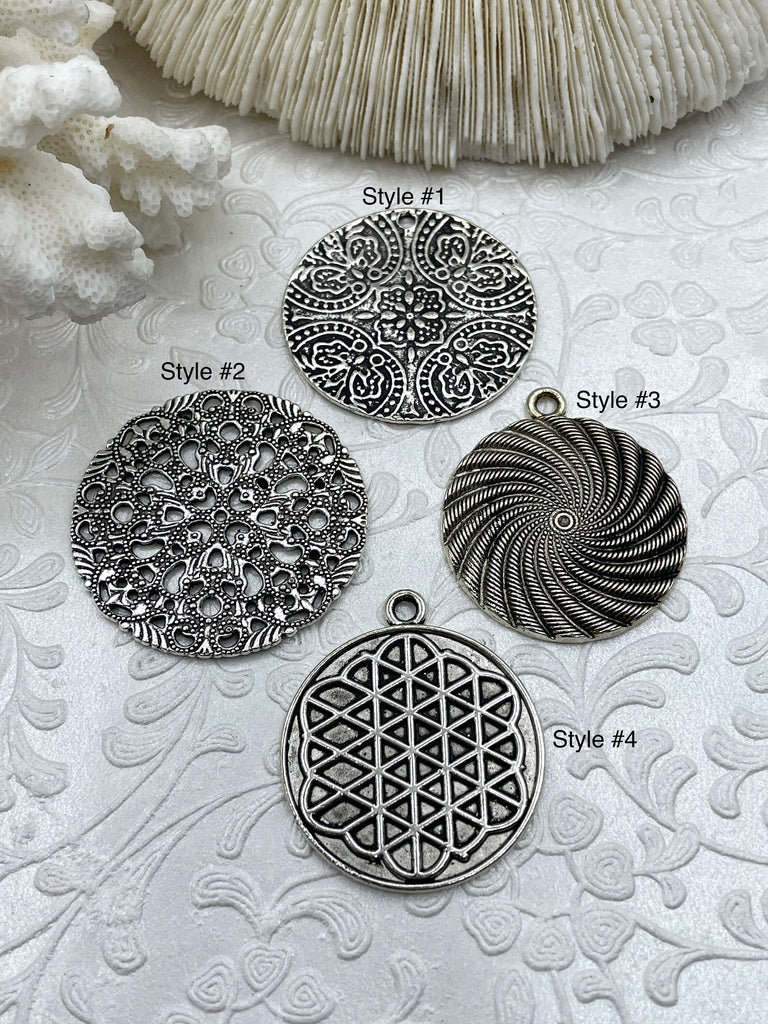 Flat Round Filigree Stamped Metal Pendant Medallion Pendant, 4 styles, 42mm, 39mm, 34mm, 21mm Antique Silver . Fast Ship