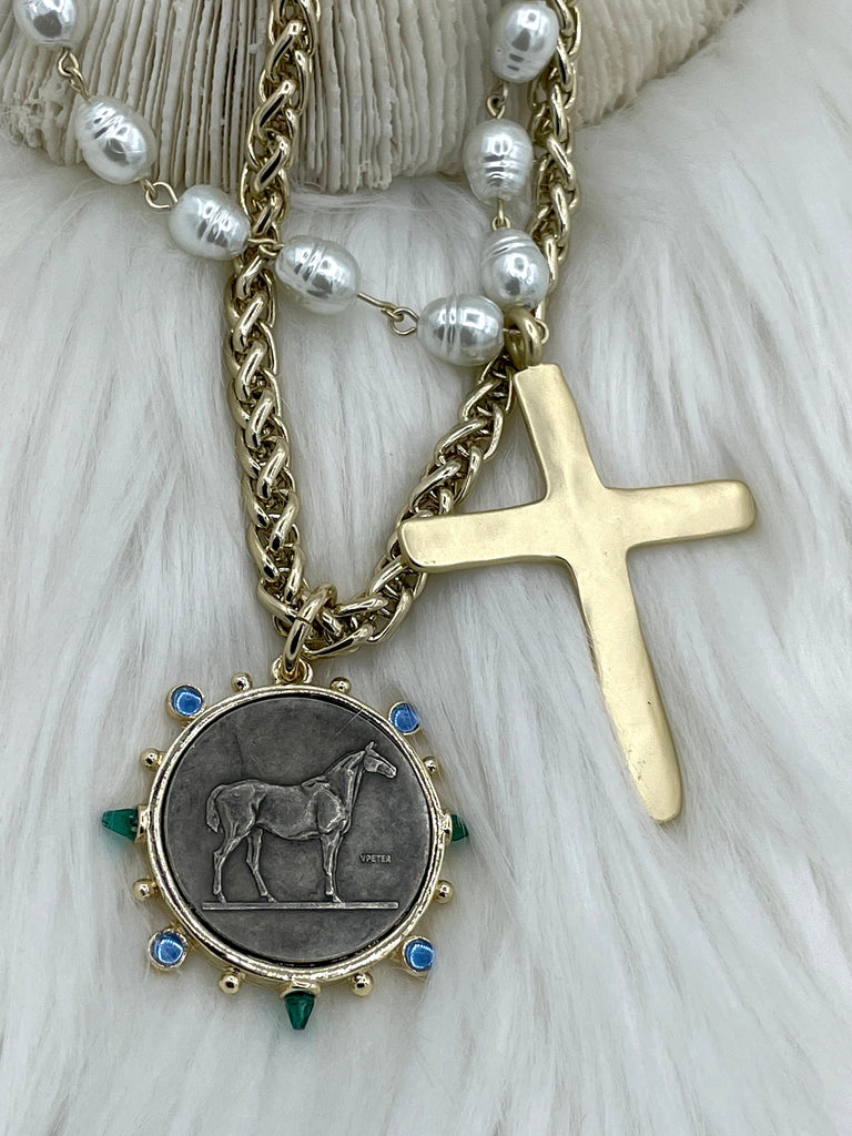 Horse Coin Pendant/French Angel Replica Coin,French Coin Pendant,Equestrian Coin, Emerald CZ Spike/Round Blue crystal Accents Fast Ship