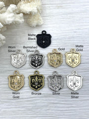 Fleur De Lis Shield Charms with CZ, Fleur De Lis Charm, 2 Finishes, Brass Charm, Fleur de lis Pendant, French Charm, Paris Charm, Fast Ship.