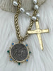 Image of Horse Coin Pendant/Coin, French Coin Pendant, Equestrian Coin, Emerald CZ Spike/Round Blue crystal Accents Fast Ship