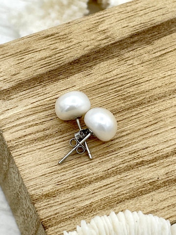 White Freshwater Pearl Stud Earrings, Sterling Silver Stud Earrings, Round or Button Shaped Pearl Studs, Statement Earrings, 7mm, Fast Ship