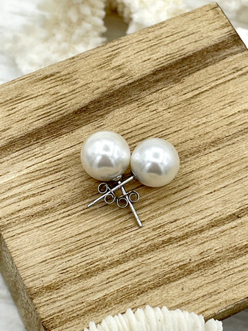 White Freshwater Pearl Stud Earrings, Sterling Silver Stud Earrings, Round or Button Shaped Pearl Studs, Statement Earrings, 7mm, Fast Ship