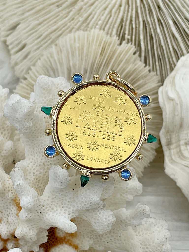L'abielle Bee Coin Pendant,French Bee Coin w/ Bezel,Bee Pendant,2 Styles, Fleur De Lis Coin with Emerald and Blue CZ Accents Fast Ship