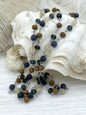 Gemstone Crystal mix Rosary Faceted Blue Agate with Mixed Crystal Shapes, Crystal Beaded Chain 6mmBeads,Silver pin, 1 Meter (39 ") Fast Ship