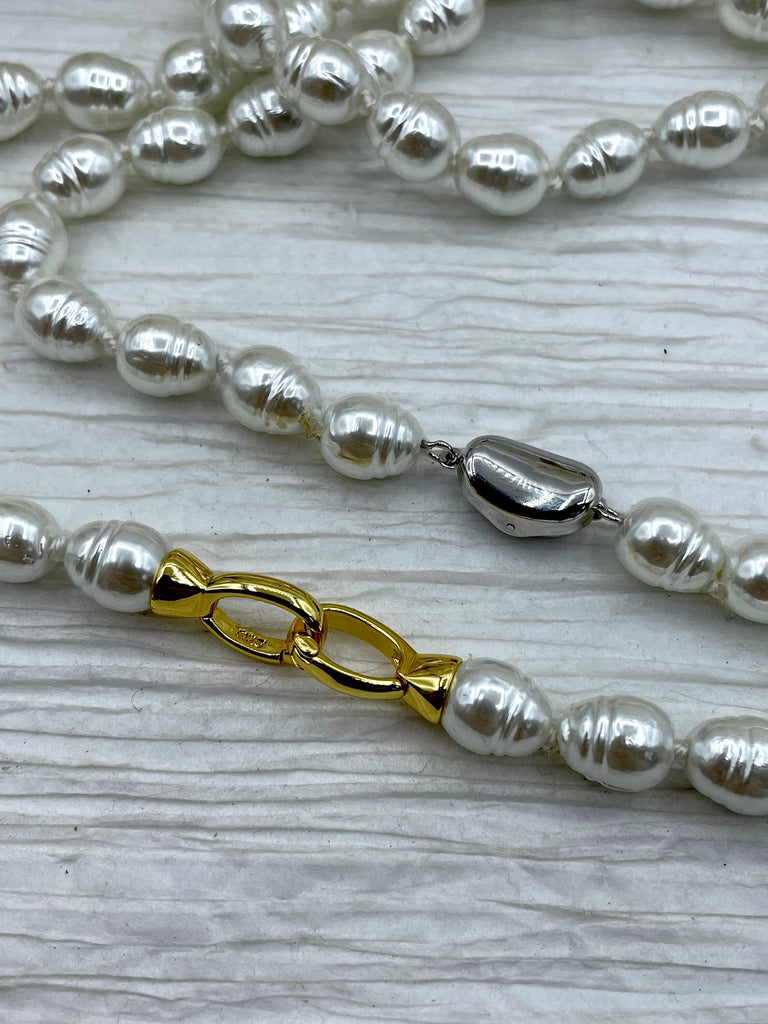 Hand Knotted Vintage Porcelain Glass Pearl Replica,Freshwater Potato Shape Pearls,Gold Double clasp or Silver Bean shape clasp,18".Fast Ship