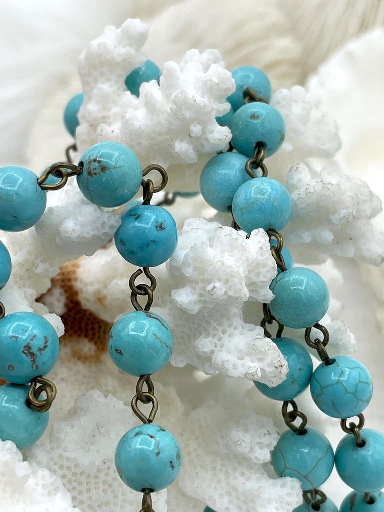 Turquoise Howlite Rosary Chain, Bronze wire links, 6mm or 8mm round stone beaded chain 1 Meter (39 inches) Fast Ship