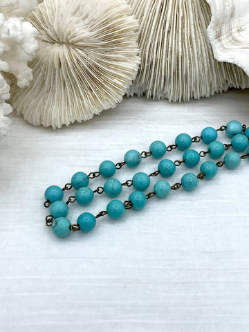 Turquoise Howlite Rosary Chain, Bronze wire links, 6mm or 8mm round stone beaded chain 1 Meter (39 inches) Fast Ship
