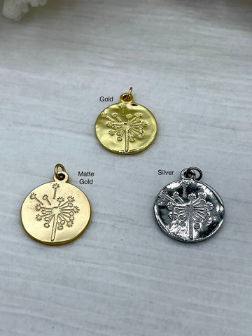 Brass Dandelion Charm, 20mm Dandelion Coin, Dandelion Pendant, Coin Charm, Gold Plating, Matte Gold or Rhodium. High Quality Fast Ship