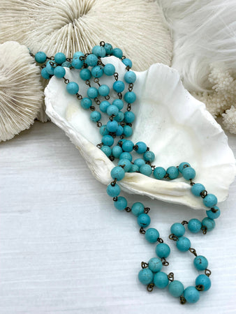 Turquoise Howlite Rosary Chain, Bronze wire links, 6mm or 8mm round stone beaded chain 1 Meter (39 inches) Fast Ship