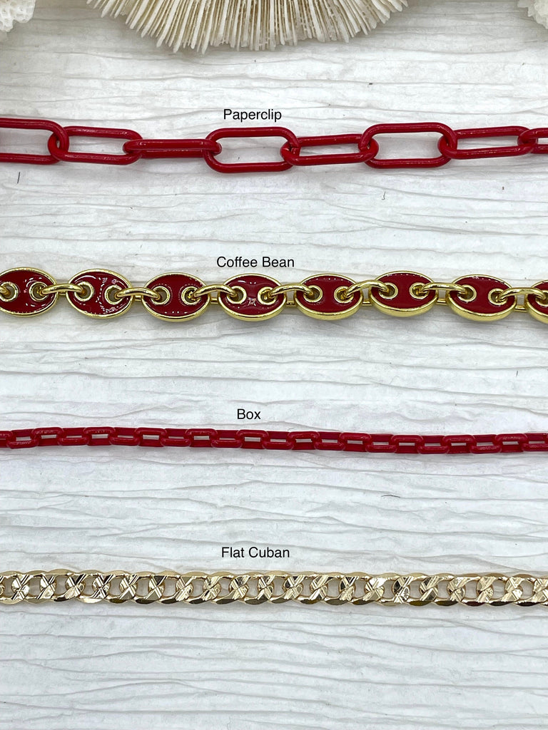 Enamel Plated Red Paper Clip Chain, Enamel Box Chain, Enamel Coffee Bean Chain Flat Cuban Curb Chain, 4 styles By the Foot Fast Ship