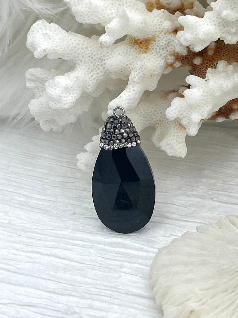 Black Teardrop Shape Crystals with CZ. Teardrop Soldered Charm with silver bail, Drop Soldered Pendants w/CZ, 3 Styles. Fast Shipping
