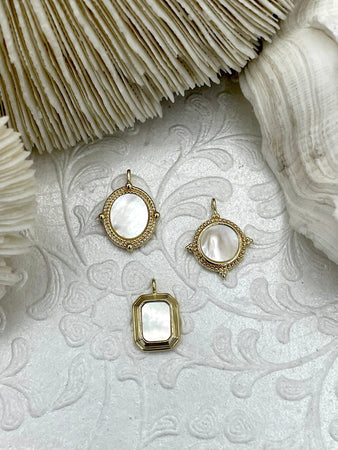 Brass Gold Plated Mother of Pearl Pendants, High Quality Brass Charms, 3 Styles, Mother of Pearl Charms, MOP pendants, Fast Ship.