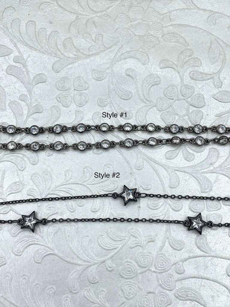 Dainty Gunmetal chains, Plated Brass Chain, Star CZ Chain, Round CZ Chain, 2 styles, By the Foot, Fast Ship