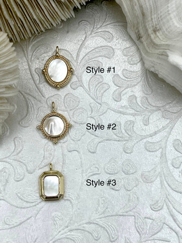 Brass Gold Plated Mother of Pearl Pendants, High Quality Brass Charms, 3 Styles, Mother of Pearl Charms, MOP pendants, Fast Ship.