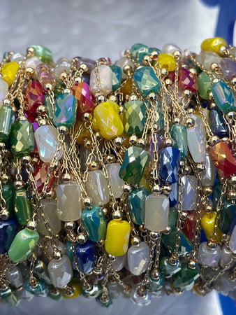 Gold Plated Brass Glass Bead Rosary Chains, Gold Plated Brass Chain, Multicolor Beaded Chains, Colorful Chains, Sold By the Foot, Fast Ship