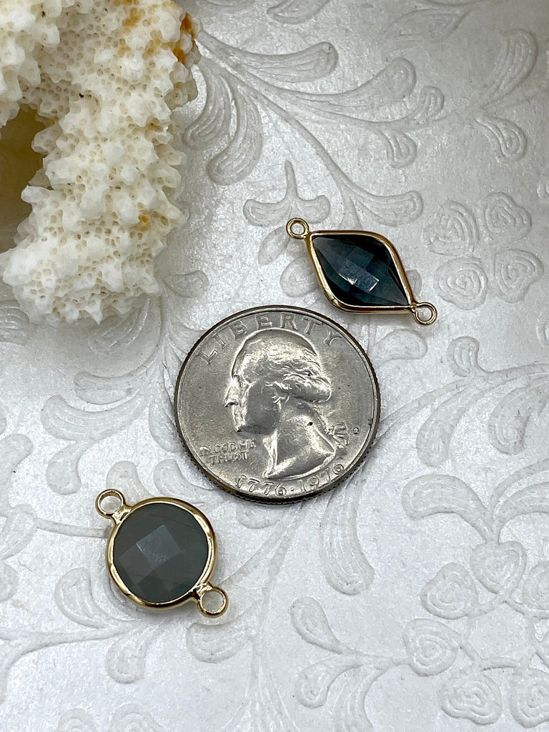 Small Grey Crystal Gold Soldered Connector Charms. 2 styles, opalite and clear grey crystals, connector crystal charms. Fast Shipping