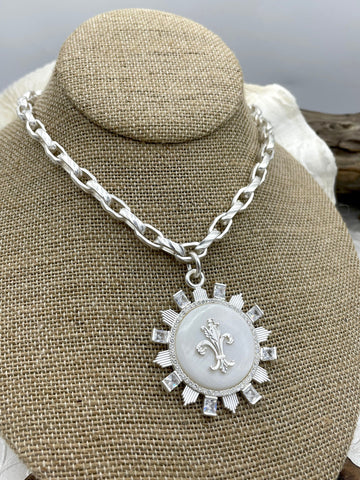 Mother of Pearl Pendant with Fleur de Lis and Cubic Zirconia Accents, Brass Matte Silver Bezel Natural Mother of Pearl 3 CZ Color Fast Ship