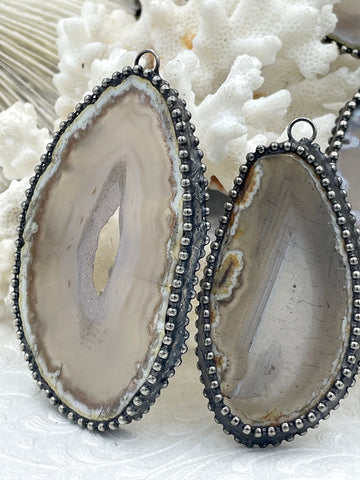 Agate Teardrop/Oval Pendants with Textured Burnished Silver Soldered Bezel. Variety of sizes and stones, all unique. Fast Ship