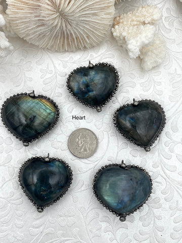 Labradorite Heart Shaped Pendants with Textured Burnished Silver Soldered Bezel. Variety of sizes and stones, all unique. Fast Ship