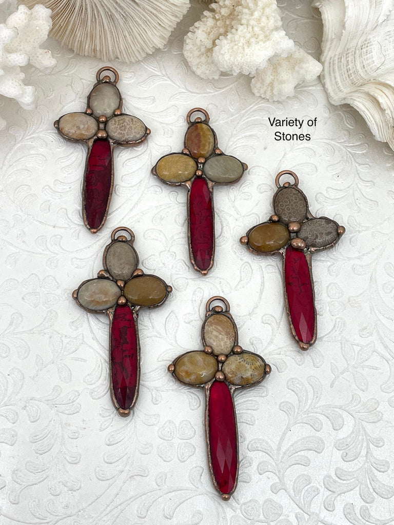Copper Soldered Stone Cross Pendants, Cross Shape Crystal and Red Stone, 65mm x 37mm x 6mm, Fast Shipping