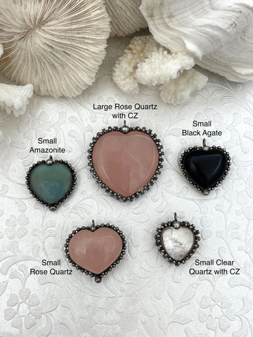 Heart Shaped Pendants w/Textured Burnished Silver Soldered Bezel w/CZ. 5 Styles,Natural stones,Variety of sizes&stones, all unique.Fast Ship