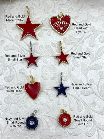 Red or Navy Enamel Star Charms, Silver or Gold Plated Brass, 8 styles, Cubic Zirconia, Brass, and Enamel Charms. Fast Ship
