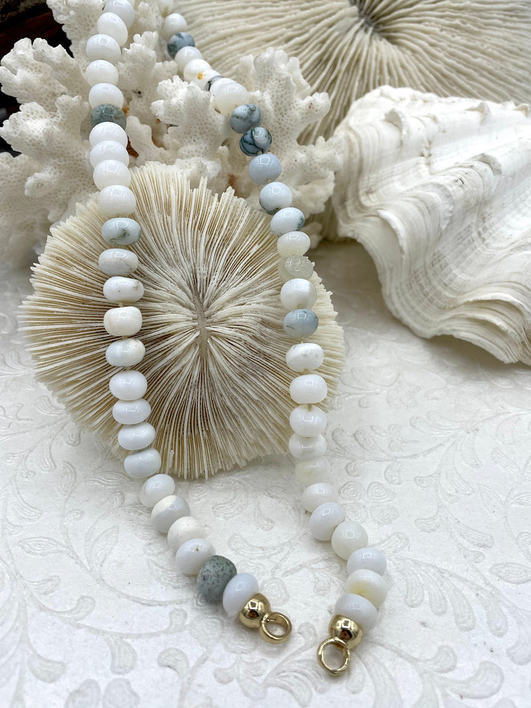 Peruvian White Mixed Opal Hand Knotted Necklace, 17-18" Long, Rondelle Stones 8mmx5mm w/Gold Finished Ends, Candy Necklace, Fast Ship
