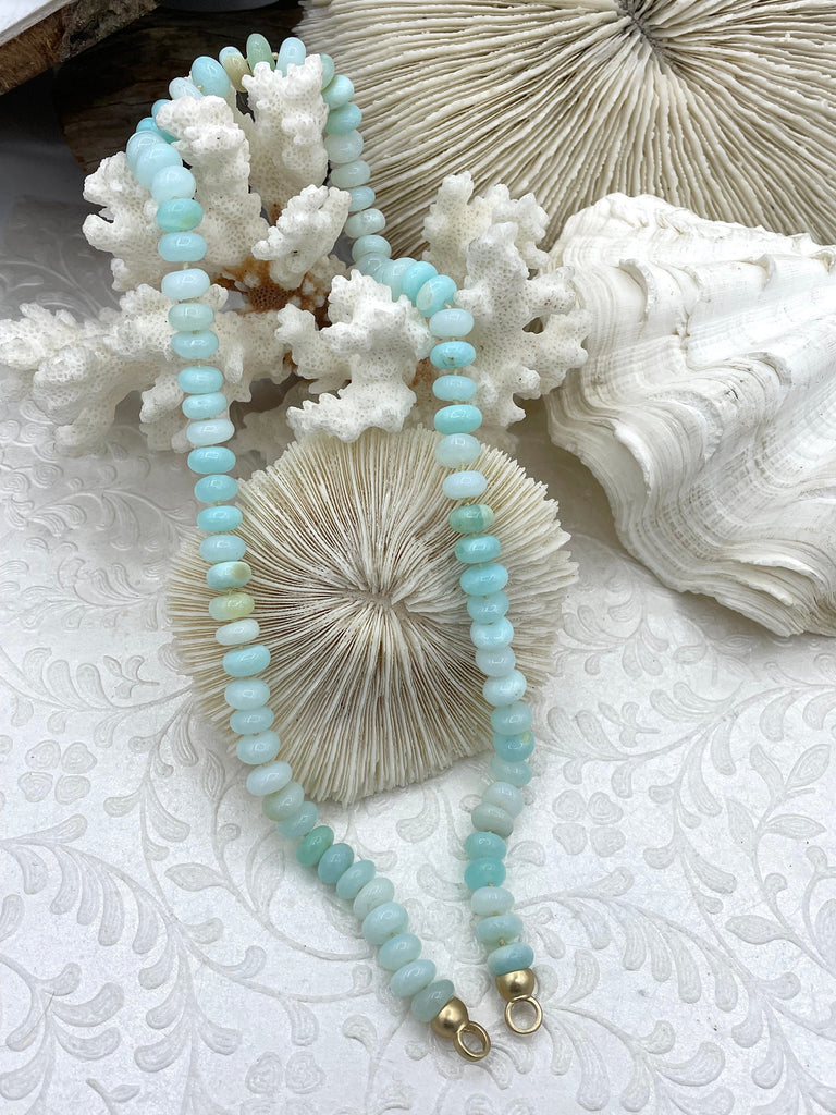 Peruvian Opal Mixed Ocean Blue Hand Knotted Necklace,17-18" Long, Rondelle Beads 8x5mm w/ Matte Gold Finished Ends, Candy Necklace Fast Ship