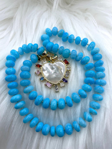 Peruvian Ocean Blue Opal Hand Knotted Necklace, 17-18" Long, Rondelle Stones 8mmx5mm with Gold Finished Ends, Candy Necklace, Fast Ship