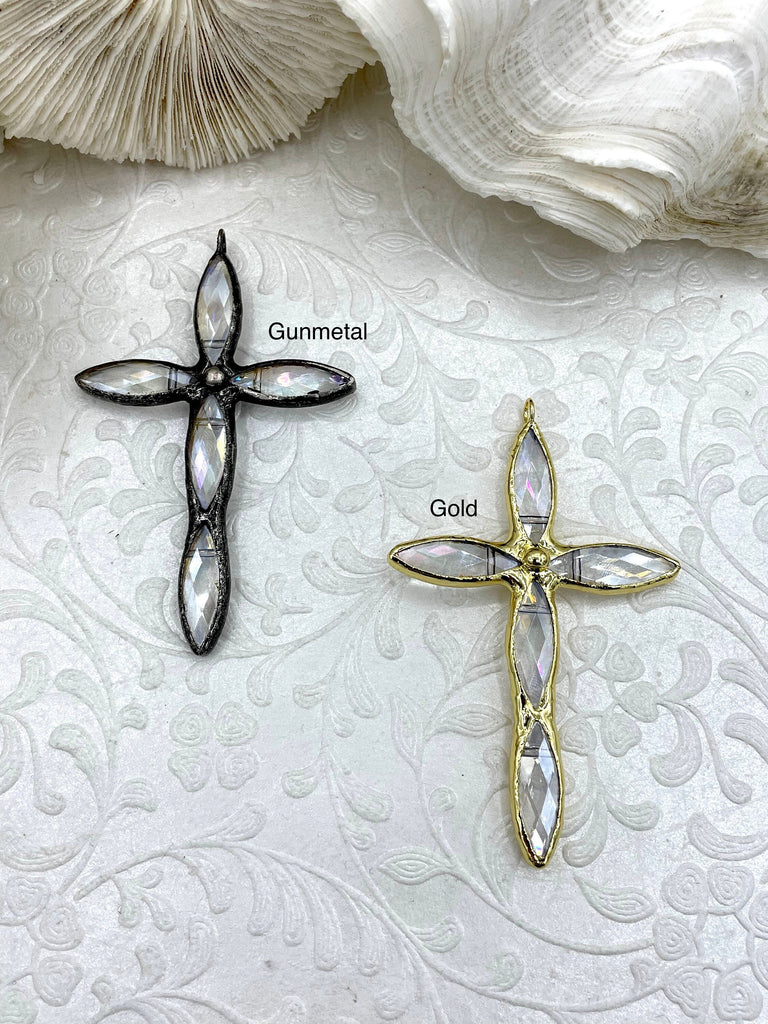 Crystal Gunmetal and Gold Soldered Pendants and charms. Cross Shape Crystal, 2 styles, 71mm x 46mm x 8mm, 3.3mm Bale ID, Fast Shipping