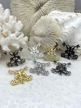 Keys De Fleur Pendants, 31mm x 33mm, High Quality, Plated Zinc Alloy Fleur De Lis Key Charms, 7 Finishes, Fast Ship.