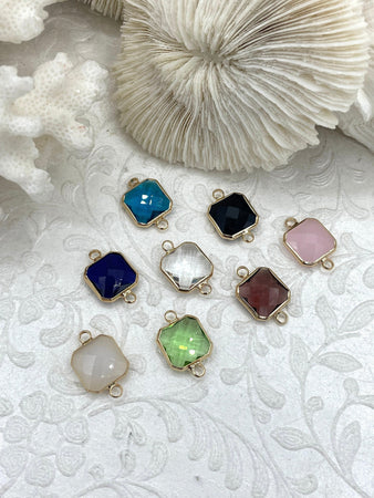 Gold Trimmed Colorful Square Crystals, Gold trimmed Connectors, Gold Trimmed Crystal Charm/connectors. Colorful Crystals 8 Styles, Fast Ship