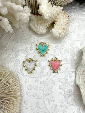 Heart Shaped Enamel and Gold Spike Pendants, Enamel and Gold Plated Brass, 3 Colors, Pink, Blue, or White, 20mm x 18mm x 2.5mm. Fast Ship.