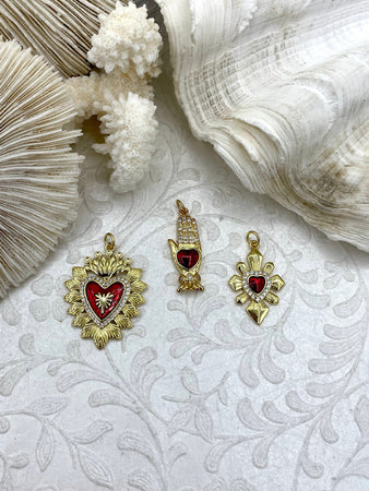 Gold and Red Plated Brass Heart CZ Charms, 3 styles, High Quality Heart Charms, Hand and Heart Red Heart Charms. Fast Ship