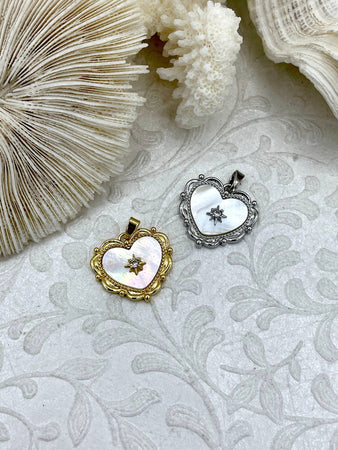 Mother of Pearl Heart Charm with CZ, 2 Colors, Gold or Silver, Plated Brass and Mother of Pearl, 18mm x 19.5mm. Fast Ship