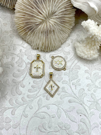 Enamel and Gold Pendants and Connectors with CZ, Enamel and Gold Plated Brass, 3 Styles, Sparkly White Enamel Charms. Fast Ship.
