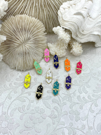 Colorful Enamel and Gold Pendants with CZ, Gold Bee and Moon Charm, 10 Colors, Enamel and Gold Plated Brass Pendants, Fast Ship.