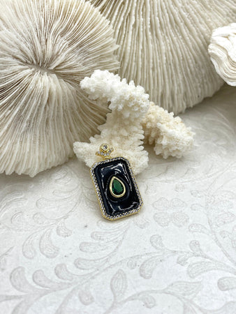 Black Enamel and Gold Pendants with Green Teardrop Center CZ, Enamel and Gold Plated Brass, 30mm x 17mm x 3mm, Fast Ship.