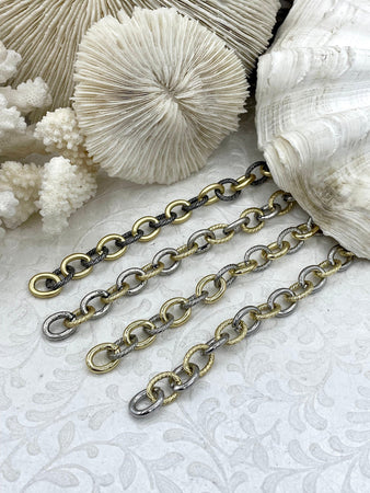 Mixed Link Mixed Metal Textured Cable Chain, Sold by the foot. 13mm x 10mm, 2mm Thick, Electroplated Base Metal, 4 styles, Fast ship