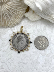 Queen Elizabeth II Coin Pendant, Royal Coin Pendant, Queen Coin Pendant, Black Spike and CZ Accents, Reproduction Coins Fast Ship