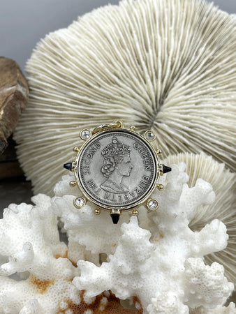 Queen Elizabeth II Coin Pendant, Royal Coin Pendant, Queen Coin Pendant, Black Spike and CZ Accents, Reproduction Coins Fast Ship