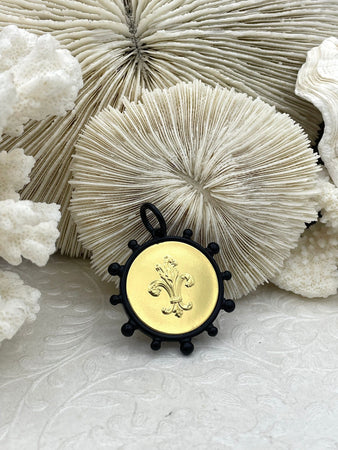 Fleur De Lis Coin Pendant, French L'abeille Bee Coin with Bezel, Fleur Pendant, Gold Coin, Matte Black Bezel, Fleur De Lis Coin, Fast Ship
