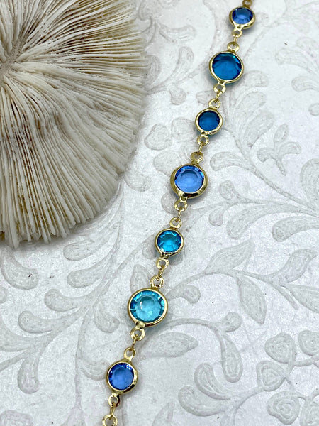 Blue Crystal and 18K Gold Plated Brass Chain, Dainty 18K Gold Plated ...