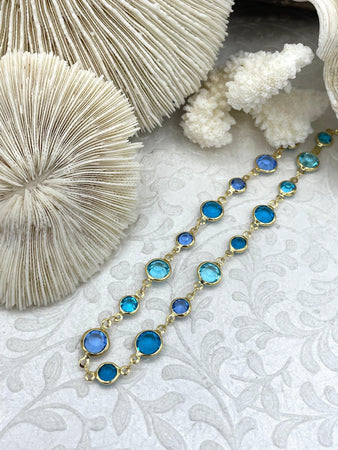 Blue Crystal and 18K Gold Plated Brass Chain, Dainty 18K Gold Plated Chain, Round Light Blue and Drak Blue CZ, Sold By the Foot, Fast Ship