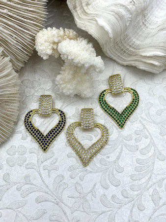 Large Heart Shaped Pendants With Cubic Zirconia. 3 Styles, Dark Blue, Green, Or Clear CZ. 40mm, Gold Plated Brass. Fast Ship