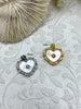 Image of Mother of Pearl Heart Charm with CZ, 2 Colors, Gold or Silver, Plated Brass and Mother of Pearl, 18mm x 19.5mm. Fast Ship