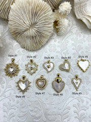 Mother of Pearl Heart CZ Charms, 7 styles, Gold Plated Brass Heart Charms, MOP Charms, Cubic Zirconia, Brass Mother of Pearl, Fast Ship