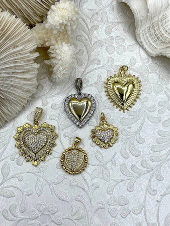 Brass Heart Charms with CZ, 5 styles, Gold and Silver Plated Brass, Brass and Cubic Zirconia Heart Pendants. Fast Ship