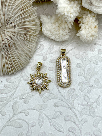 Mother of Pearl CZ Charms with Pearls, 2 styles, Gold Plated Brass Charms, Gold Sun Charm, Cubic Zirconia, Brass Mother of Pearl, Fast Ship