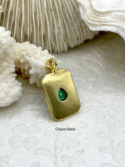 Black Enamel and Gold Pendants with Green Teardrop Center CZ, Enamel and Gold Plated Brass, 30mm x 17mm x 3mm, Fast Ship.